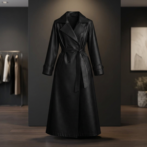 <b>black</b> Genuine Sheep <b>Leather</b> Waterproof Breathable Anti-Wrinkle Quick Dry Eco-Friendly Formal <b>Trench</b> <b>Coat</b> - Product Image 5