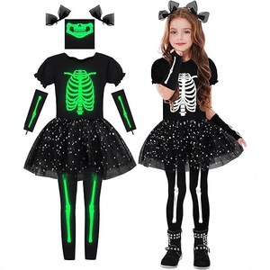 Ensemble de costumes de squelette qui brillent dans le noir pour filles, avec legging tutu et bandeau - Product Image 1