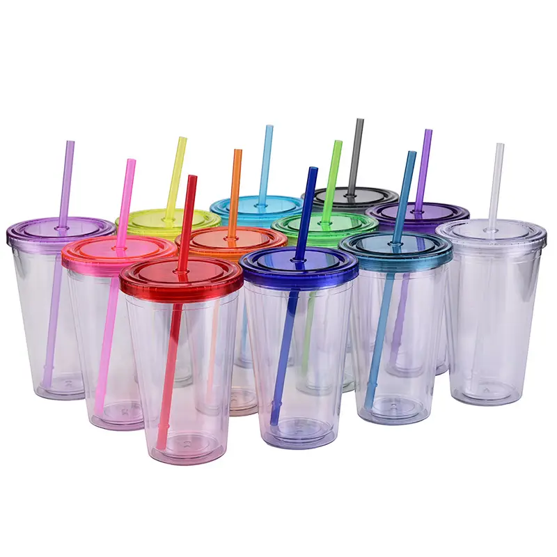 Hot Selling 16Oz Bpa Gratis Kids Man Vrouw Gekleurde Dubbele Muur Buiten Drinken Plastic Acryl Waterflessen Bekers Met Breed Stro