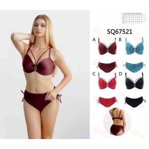 Costume da bagno bikini taglie forti HDJ con controllo pancia e push-up, da donna, tinta unita, con laccetti laterali e allacciatura all'americana, per la spiaggia, taglie 46-60, colori Vino, Blu, Nero - Product Image 1