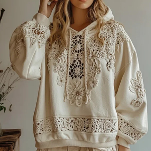 Felpe da Donna di Tendenza in Stile Bohémien e Fiabesco, Tinta Unita con Inserti in Pizzo, Mezze Maniche con Motivo Personalizzato - Product Image 2