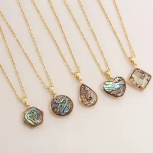 18K Gold Natural Abalone Shell Stone Pendant Necklace Heart / Water Drops / Square Geometry Malachite Onyx Turquoise Necklace