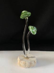 Glass Mushroom Sculpture With Green Swirl Caps On <b>Stone</b> Base Contemporary Tabletop <b>Decor</b> Single Piece - Product Image 6