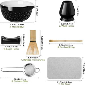 Juego de Té Matcha Tradicional Japonés de 7 Piezas, con Tazón de Cerámica, Batidor de Bambú, Cuchara para Té, Porcelana Negra - Product Image 2