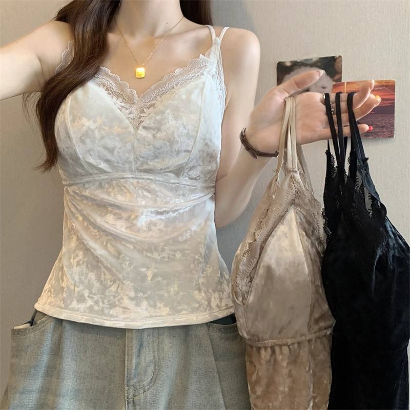 Breathable Velvet Lace-Back Camisole with Built-In Bra