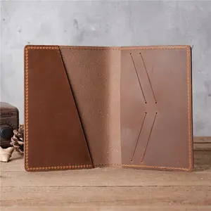Vintage Men's Crazy Horse Leather Bifold Wallet Custom Logo Travel Passport Case Certificate Bag With Crazy Horse Leather Cover