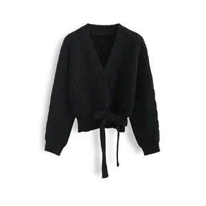 YT Solid Color Cardigan Fashionable Knitted Top Belt Design Women's Knitted Cardigan Sweater