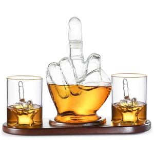 Handmade Mouth Blown High Borosilicate Glass Middle Finger Shape <b>Whiskey</b> <b>Decanter</b> <b>Set</b> 2 Glasses Wood Base 1000ml Bar Accessories - Product Image 1