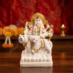 Ídolo de la Diosa Durga en Oro Blanco sobre Tigre, 5.2 Pulgadas, Sherawali Mata Murti para Templo, Escritorio, Sala de Estar y Decoración Navratri Pooja - Product Image 1
