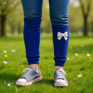 Chaussettes hautes décontractées bleu roi pour femme, en coton tricoté, avec nœud imprimé, taille 5-10, pour le printemps et usage quotidien - Product Image 2