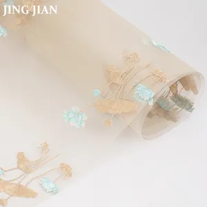 Lustre de tecido de malha de narciso com bordado decorativo de folhas de orquídea, lustre de estilo chinês transparente novo desenho
