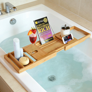 Luxury Spa Bathroom Organizer Bamboo Bathtub Caddy <strong>Tray</strong> Extendable <strong>Bath</strong> Tub <strong>Tray</strong> with Wine Glass &amp; Device Holder - Product Image 1