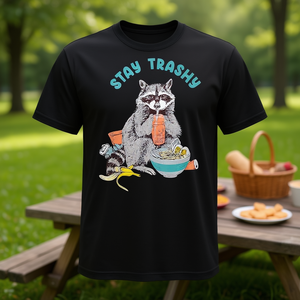 Camiseta Stay Trashy Raccoon para mujer, ropa informal negra con cuello redondo - Product Image 3