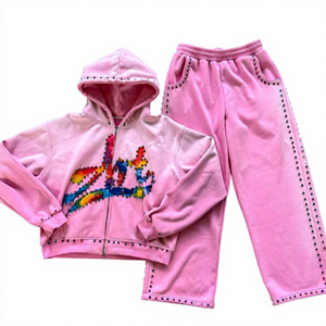 <b>Pink</b> Rhinestone Tracksuit Zip Up <b>Hoodie</b> Set Embroidered Jogger Pants Casual Wear for Unisex - Product Image 1