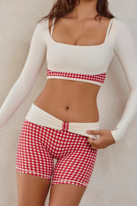 Plaid Red Gingham 2 Piece Yoga <b>Set</b> <b>Square</b> Neck Spaghetti Strap High Waist Shorts Contrast Breathable Cotton Spandex Fitness - Product Image 4