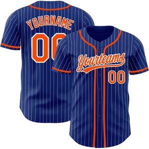 Custom Baseball Jersey Royal Blue Orange White Pinstripe Button <b>Down</b> Unisex Moisture Wicking Sublimated Design Your Name Team - Product Image 1