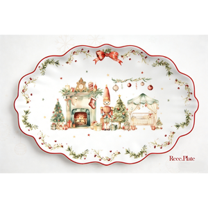 Piatto da Cena in Ceramica Dipinto <span class=keywords><strong>a</strong></span> Mano Stile Natalizio con Bordo Rosso, Piatto Ovale per Biscotti con Motivo Albero Verde - Product Image 1