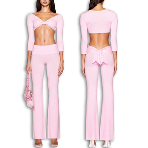 Của Phụ Nữ Siêu Crop Top Và loe Dệt Kim Quần 3/4 Chiều Dài Tay Áo Phía Trước <span class=keywords><strong>Bow</strong></span> Tie Top Gấp <span class=keywords><strong>Bow</strong></span> Trở Lại Cho Mùa Hè Hai Mảnh Thiết Lập - Product Image 4