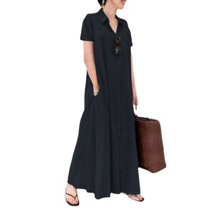 Nouveau et Style coton et lin couleur unie col <span class=keywords><strong>polo</strong></span> manches courtes poche Simple ample décontracté longue chemise robe - Product Image 5