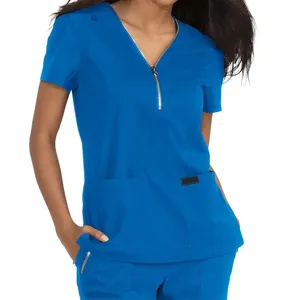 LIGO 2022 OEM Fashionable Medical Uniform Scrub Nurse Hospital Uniform Women's Royal Blue Silver Zipper Stretch Scrub Top