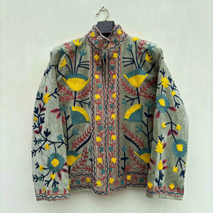 Artisan Grey <b>Velvet</b> Embroidered Suzani <b>Jacket</b> With Floral Pattern Full Sleeve Stand Collar Handmade <b>Women's</b> Winter Outerwear - Product Image 1