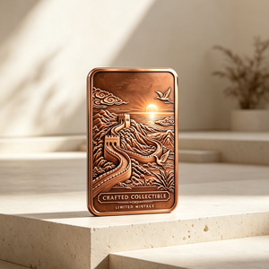 Barra de Cobre Rectangular de 1 kg, .999 Fino, con Patina Vintage, Diseño de Gran Muralla China al Atardecer con Grúas, Edición Limitada - Product Image 1