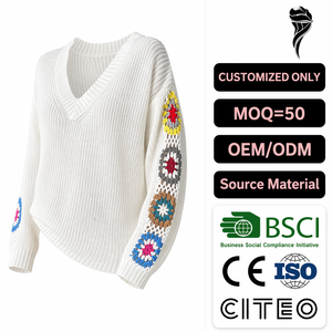 <span class=keywords><strong>Pull</strong></span>-over Bohème en Tricot Épais Blanc pour Femme, Col en V, avec Patchs Manches <span class=keywords><strong>Granny</strong></span> Square au <span class=keywords><strong>Crochet</strong></span> Coloré, Vente en Gros, Logo Personnalisé OEM - Product Image 1
