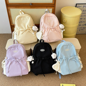 Lilac Solid Color <b>Backpack</b> 15 Inches <b>Large</b> <b>Capacity</b> For Girls Student <b>Backpack</b> With Cloud Charm And Drawstring Pocket - Product Image 3