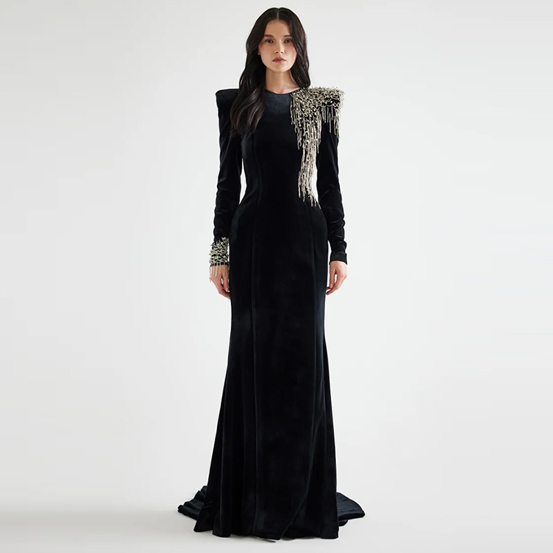 Wholesale Velvet Black Long Sleeve Evening Gown Luxury Pearls & Sequins |  Alibaba.com