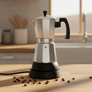 Cafetera Eléctrica Italiana Clásica de Aluminio Plateado, 220V y 110V, 6 Tazas, Cafetera Espresso y Mocha Portátil / Cafetera Moka Eléctrica - Product Image 6