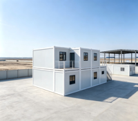 Bâtiment de bureau préfabriqué à deux étages en conteneurs blancs, avec terrasse sur le toit, bureau de chantier modulaire extérieur