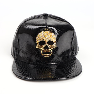 Snapback Cap PU Leather Crocodile Pattern Skull Rhinestone Embellished <b>Flat</b> Brim Hip Hop Baseball <b>Hat</b> For Men - Product Image 3