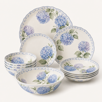 Service de table en mélamine motif Hortensia Vintage, bord festonné, 6 pièces (assiettes et bols), kit d'ustensiles élégants pour la maison