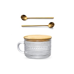 Conjunto de Canecas de Café Vintage em Cristal, Copos de Vidro com Relevo, Conjunto de Copos para Bebidas com Colher e Tampa de Madeira - Product Image 3