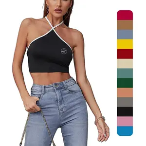 Women Breathable New Sexy Halter Fashion Solid Color T Shirt Manufacturer Supply Neck Back Tie Halter Top Cropped Vest