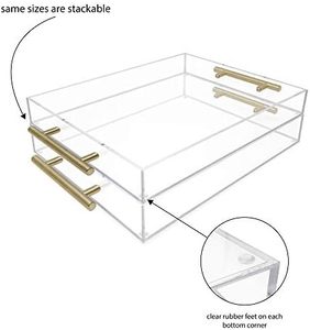 Vassoio di Servizio in Acrilico Trasparente con Manici in Metallo Dorato 11x14 Organizzatore Impilabile per Cibo/Bevande Antispruzzo per Interni/Esterni - Product Image 5