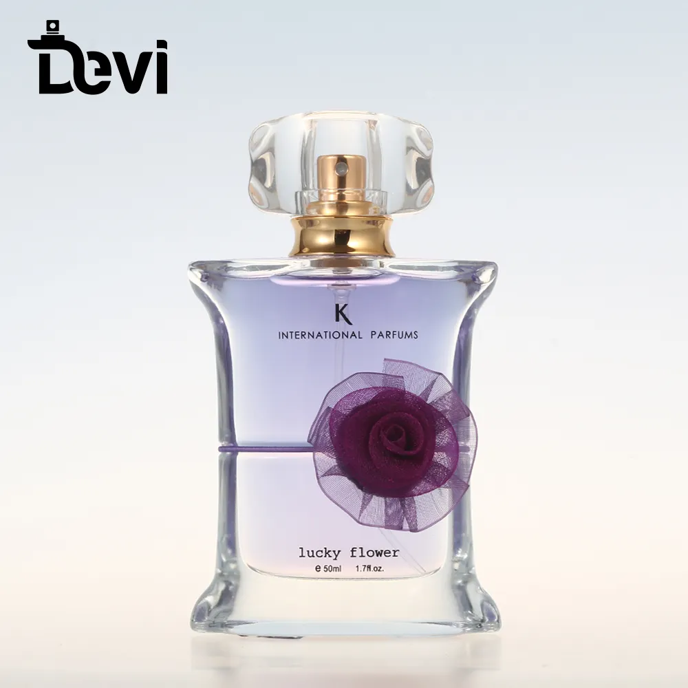 Tu garrafa de perfume transparente de flor roxa 50 ml, garrafa de perfume grossa de vidro plano para mulheres