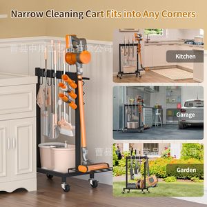 Mobile Wheeled Mop Storage <b>Rack</b> With Hooks And <b>Shelf</b> For Garage Cleaning Tools Powder Coated Finish - Product Image 5