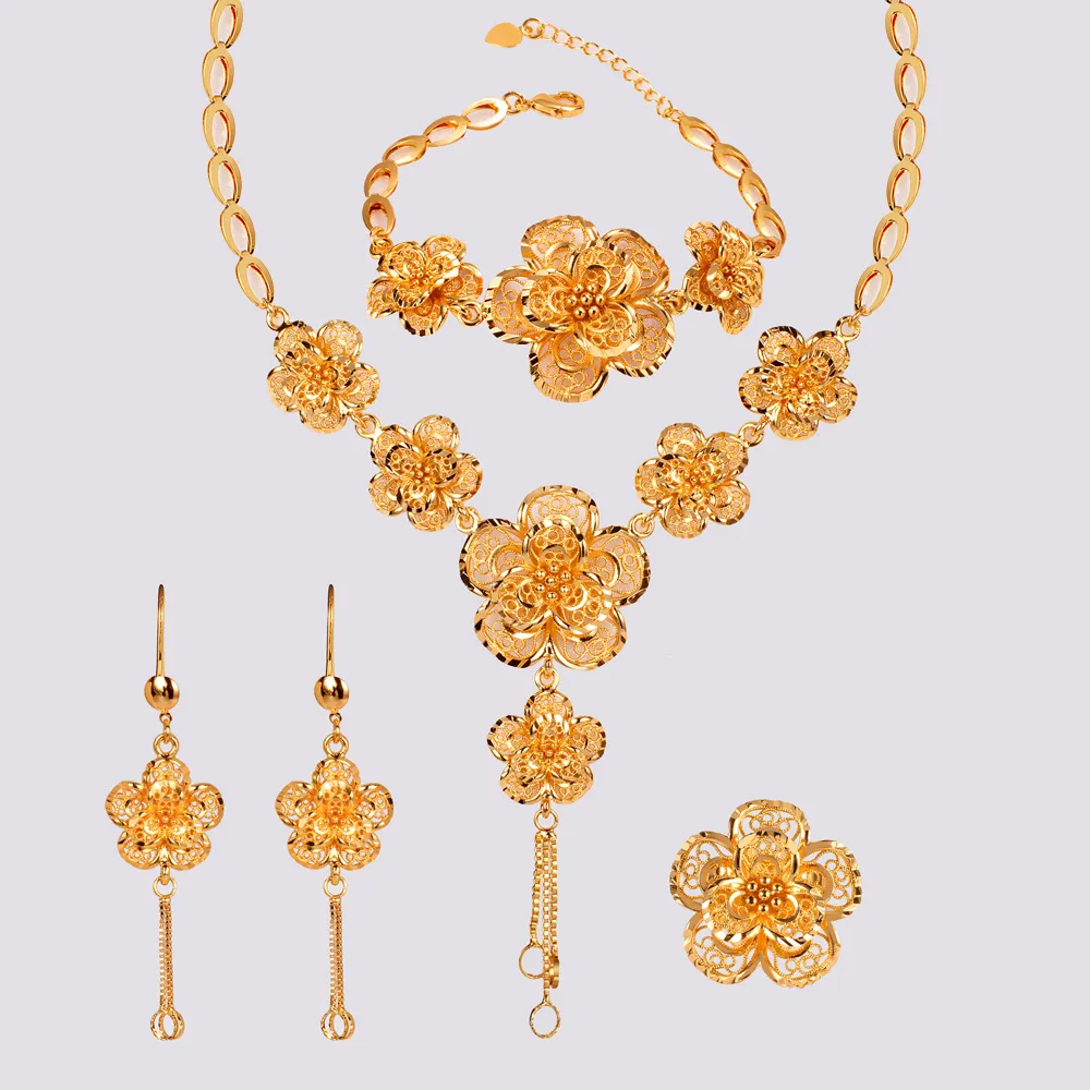Custom Dubai gold rose necklace bracelet bridal fashion jewelry set