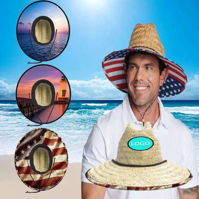 Wholesale Summer With Logo Straw Beach Hats Natural Straw Surfing Hats America Sombrero Custom Wide Brim Lifeguard Straw Hat