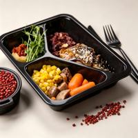Barquette alimentaire jetable HSQY CPET noire à 3 compartiments avec film de couverture, compatible four et micro-ondes