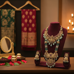 Gold Plated Pota Stone and <b>Beads</b> Fine Jewelry <b>Set</b> Temple Bridal Necklace Combo-10581317PGR - Product Image 3