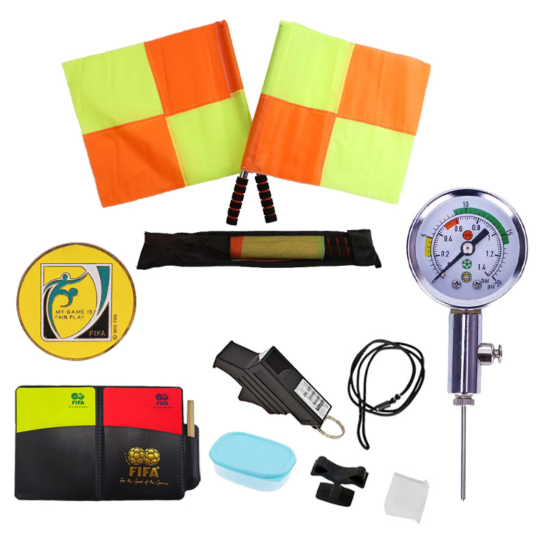 Football Referee Equipment Set | Complete Soccer Match Kit with Whistle, Red &amp; Yellow Cards, Coin Toss Disc, Linesman Flags &amp; Pressure Gauge