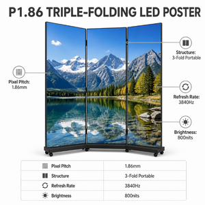หน้าจอโปสเตอร์ LED แบบพับสามตอน P1.86 สำหรับใช้งานภายในอาคาร <span class=keywords><strong>F</strong></span> 3840Hz ความถี่รีเฟรชสูง GOB สำหรับงานนิทรรศการ ห้างสรรพสินค้า โฆษณา OEM - Product Image 3