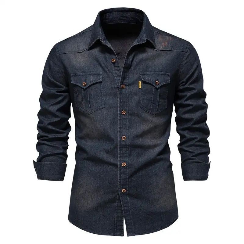 High quality slim denim shirt long sleeve large size casual spring camisa for men formal Work shirts Custom logo printing shirt