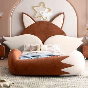 Modern Minimalist Design Solid Wood Full <b>Bed</b> with Comfortable Soft <b>Padded</b> Guardrails Adorable Fox Princess for Girls' Bedroom - Product Image 1