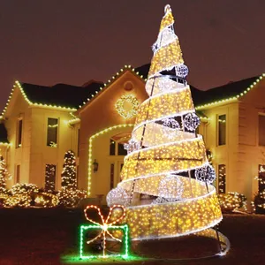 אפקט תלת מימד קישוט חיצוני ענק ספירלת מתכת מוארת עץ חג המולד led עם כוכב עליון