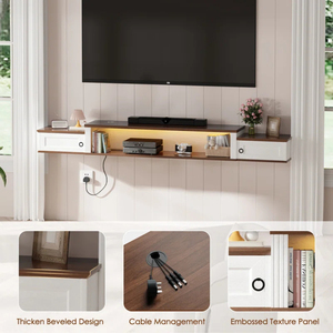 OEM ODM Farmhouse Floating <b>TV</b> <b>Stand</b>, Wood Entertainment Center, Wall Mounted <b>Tv</b> Shelf with Light & Charging Station - Product Image 3