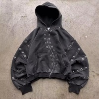 Veste à capuche ample et carrée en molleton délavé style vintage, avec fermeture éclair diagonale et œillets, personnalisable OEM pour hommes