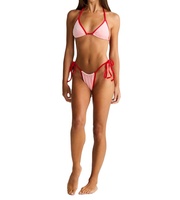Ensemble bikini deux pièces Y2K, fabrication directe d'usine, logo personnalisé OEM, rose et rouge, bordure contrastée, triangle, halter, noué sur le côté, string
